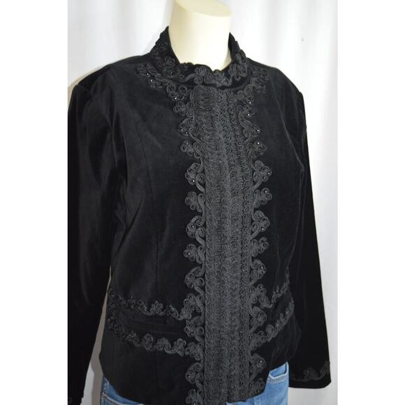 Ribbon Embellished Velvet Jacket Size M Embroidered Layer Festive Black Reba - Picture 2 of 10